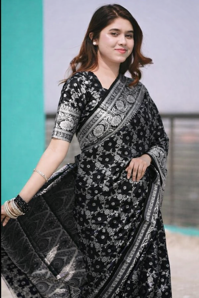 সফ্ট সিল্ক কাতান শাড়ি (কালো কালার) =K-21